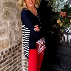 Cabi 5742 Lighthouse Long Sleeve Classic Nautical Style Navy Front Stripe Back M